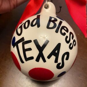 *Glory Haus*GOD BLESS TEXAS/STATE on White W/Red,Blue Polka Dots●Glass Ornament